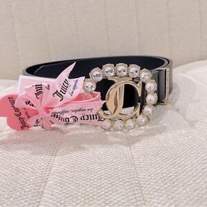 NEW Juicy Couture Women Black Leather Belt Size L/XL Logo Rhinestone‎ Coquette